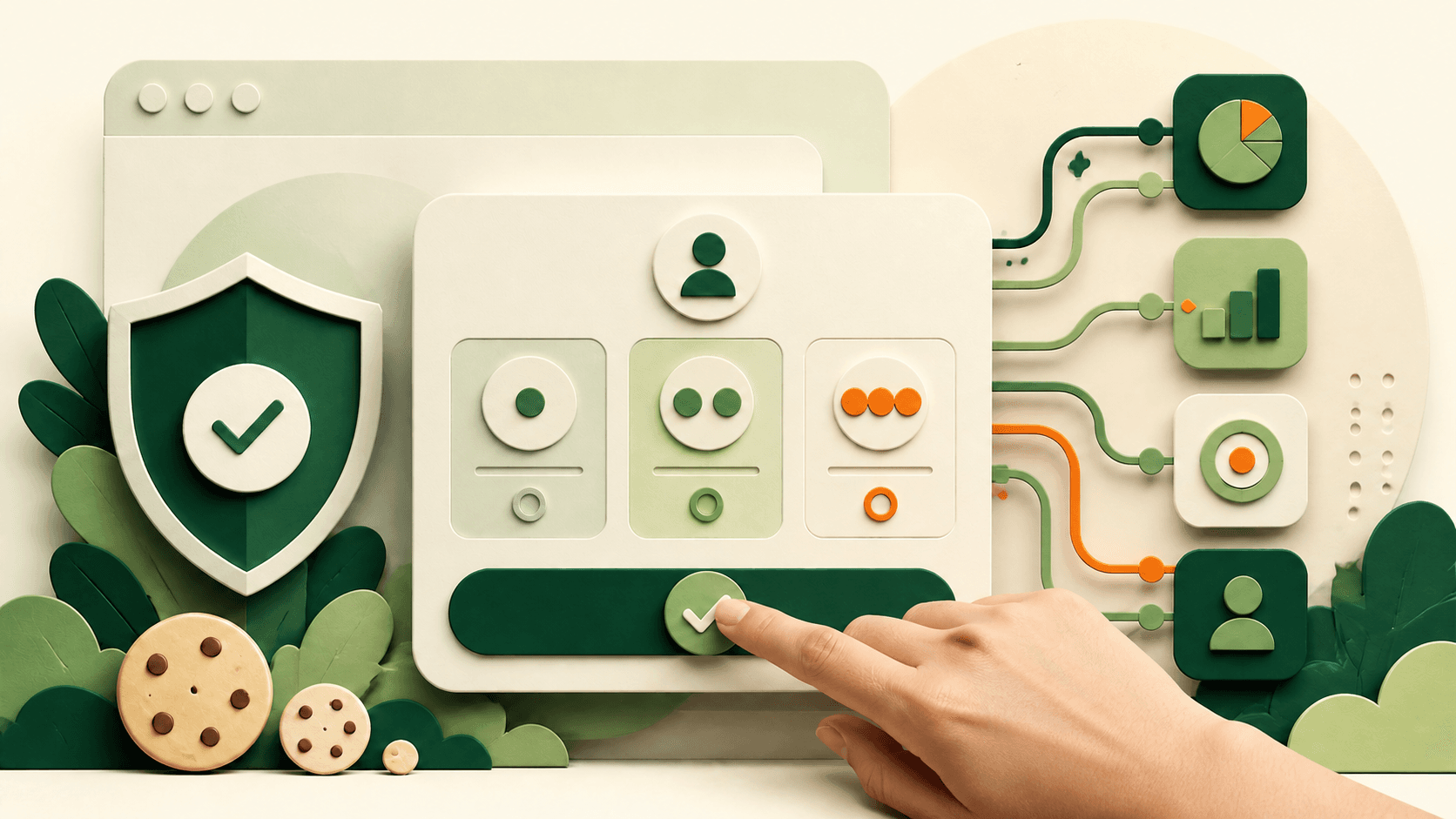 A human hand confirming a choice in a paper-cut privacy and consent illustration