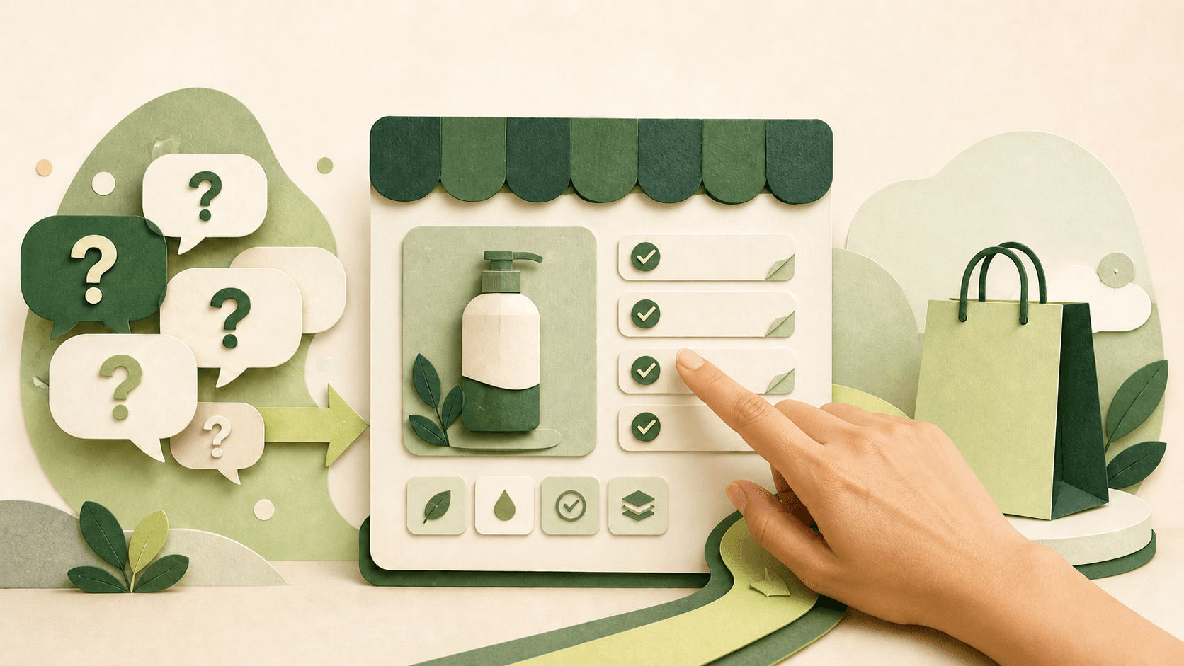 A human hand selecting an answer in a paper-cut storefront illustration about product questions