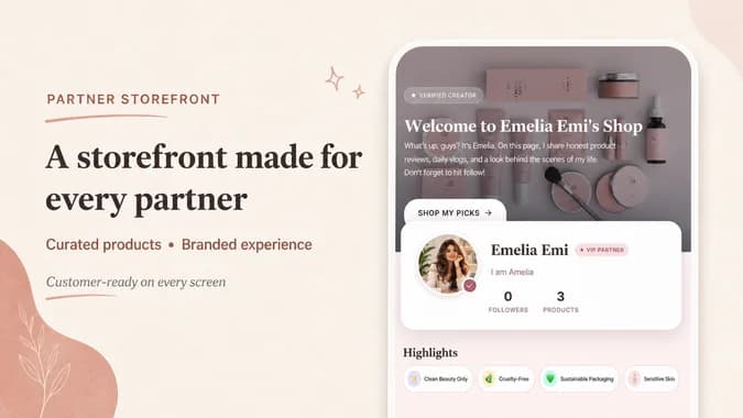 Mobile Affilyn partner storefront with curated products and partner profile