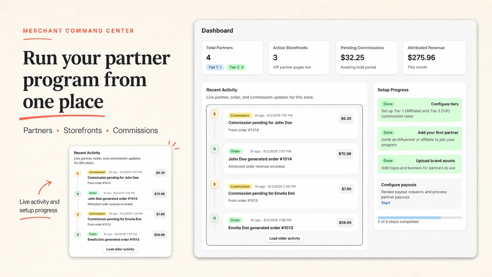 Affilyn dashboard with partner, storefront, and commission activity